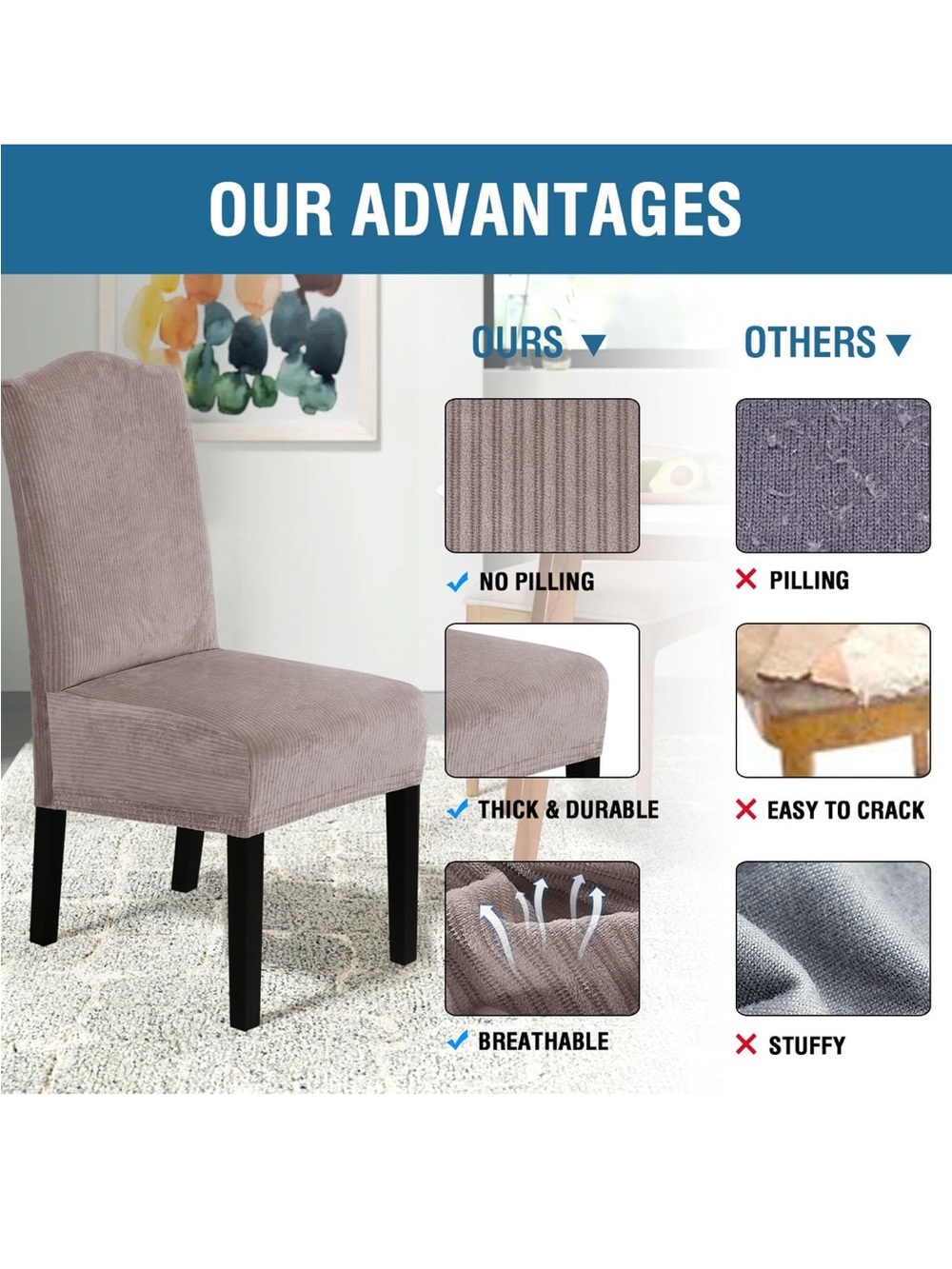 6 taupe striped velvet dining chair covers NEW - Picture 5 of 8